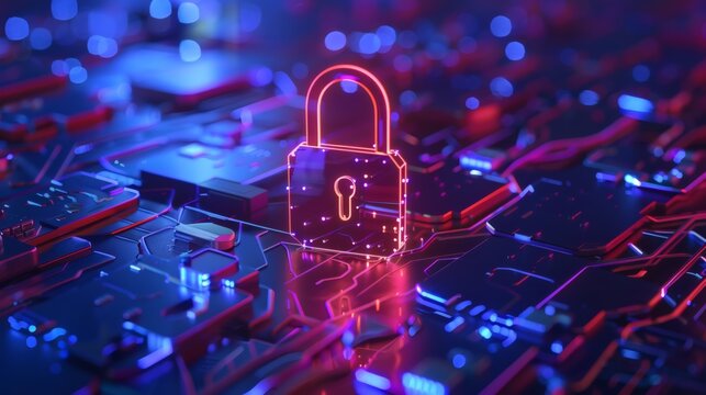 Cybersecurity concept: glowing padlock on a digital circuit board