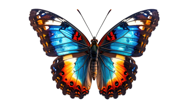 Blue, orange, and brown winged butterfly centered on black ground