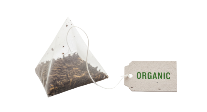 Organic Tea Bag with Label on White Background 1.