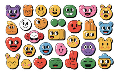 Fototapeta premium Vibrant collection of cheerful, retro-style cartoon characters and emojis bringing playful joy and quirky personality to any design project.