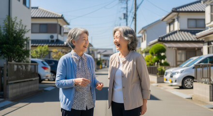 Senior Japanese Women Chatting on a Sunny Street