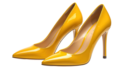 Sleek, shiny yellow stiletto heels with pointed toes