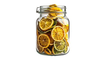Citrus slices preserved inside a glass jar against black background