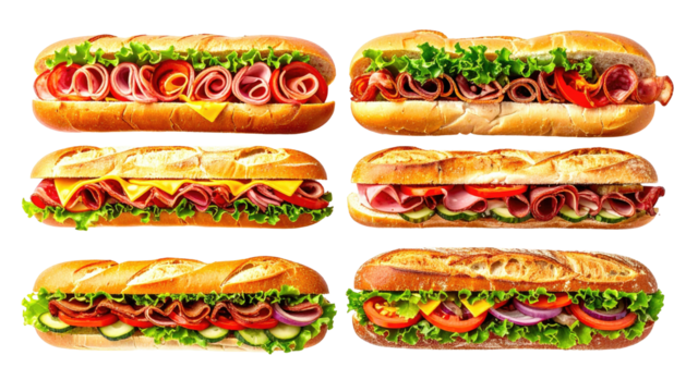 Six assorted loaded submarine sandwiches, variety displayed