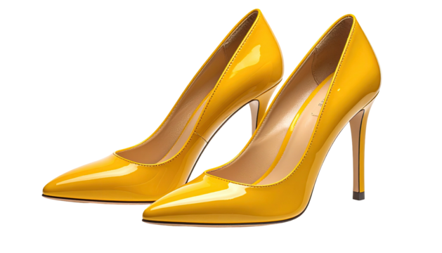 Sleek, shiny yellow stiletto heels with pointed toes