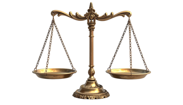 Golden balance scales with two pans, symmetrically balanced