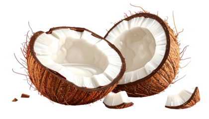 Sliced coconut shows its white inside against a black backdrop