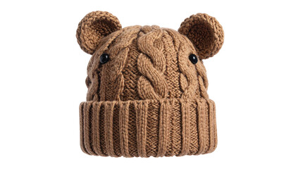 Cable-knit hat with ears; brown, ribbed brim, cute design