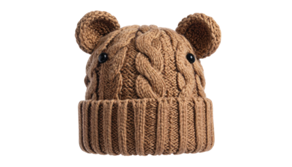 Cable-knit hat with ears; brown, ribbed brim, cute design