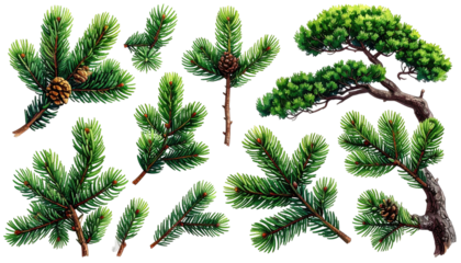 Varied evergreen branches, detailed, isolated against black