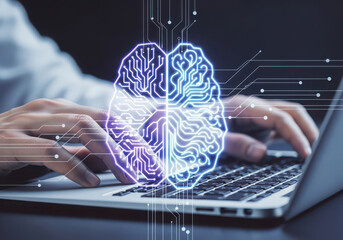 Artificial intelligence brain overlay on person typing on laptop