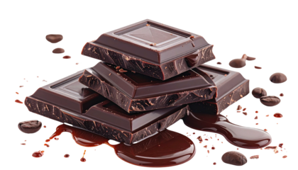 Dark chocolate squares stacked, with drip, and coffee beans