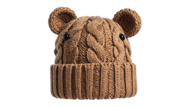 Cable-knit hat with ears; brown, ribbed brim, cute design