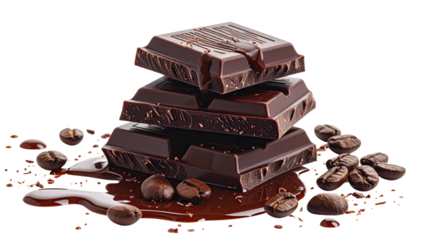 Stacked dark chocolate squares with coffee beans and sauce