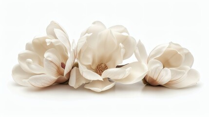 Three creamy white magnolia blossoms arranged on white background
