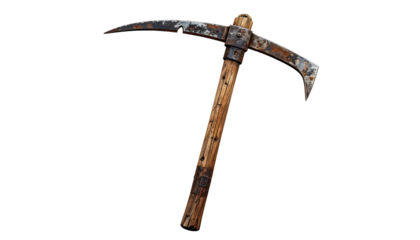 Rusty metal pickaxe with weathered wooden handle, isolated