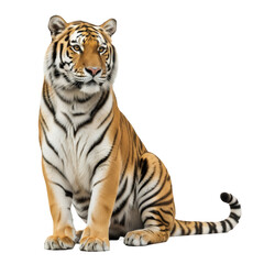 Obraz premium Siberian tiger sitting with tail curled, isolated white background