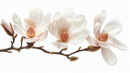 Three magnolia blossoms on a branch with buds, isolated on white background