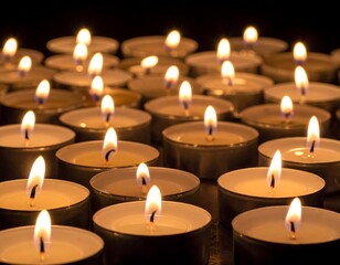 Multiple lit tealight candles casting a warm glow in a dark setting