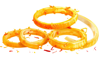 Stacked, fried onion rings, glistening, orange-toned, slightly messy
