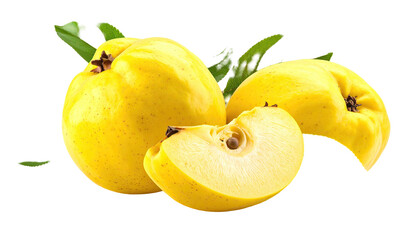 Quince fruit group, sliced and whole, against a dark background