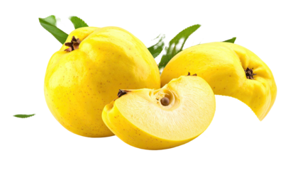 Quince fruit group, sliced and whole, against a dark background