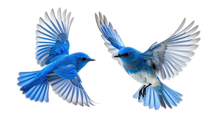 Two bluebirds in flight, wings spread, against black background