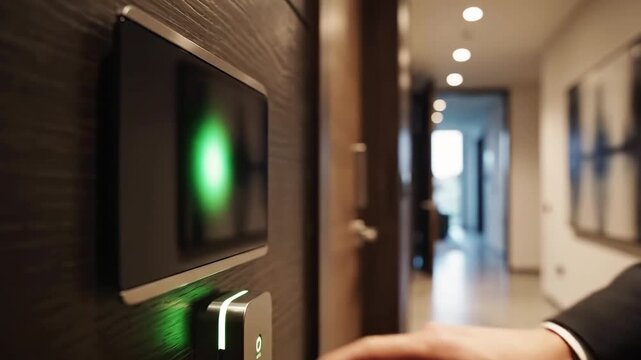 A finger touches a glowing fingerprint sensor on a dark wood panel near a hallway