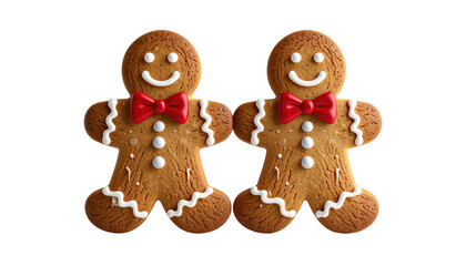 Two gingerbread men with bow ties on a stark black background