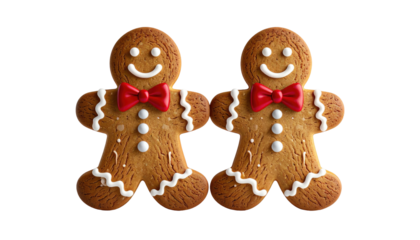Two gingerbread men with bow ties on a stark black background