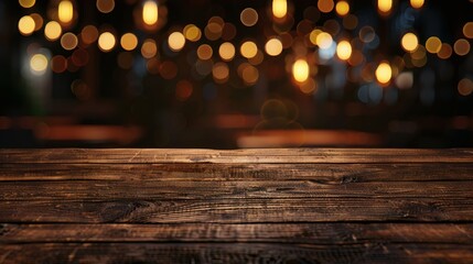 Dark wooden tabletop against a blurred background of warm lights