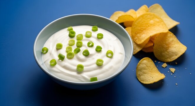 Potato Chips Dipped in Sour Cream, Simple Appetizer on Blue Background, Salty Snack