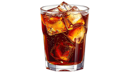 Soda with large ice cubes filling a short glass