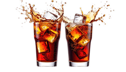 Refreshing dark drinks with ice creating dynamic splashes