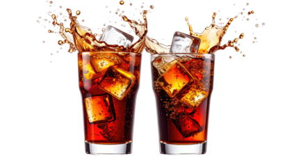 Refreshing dark drinks with ice creating dynamic splashes