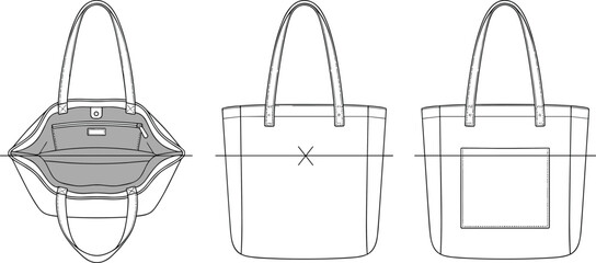 Cad drawing flat vector illustration of stylish leather tote bag design showing front, back, and inside pocket technical view