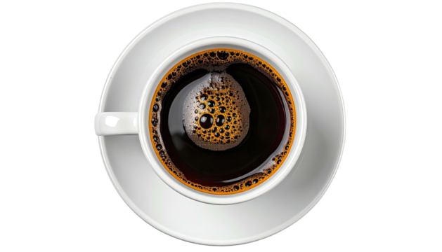Aerial view of coffee in a white cup and saucer