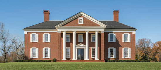 Classic brick colonial mansion with grand columns and manicured lawn – AI Generative