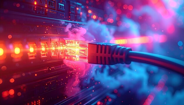 Network cable plugged into server panel, with glowing lights and ethereal smoke effect