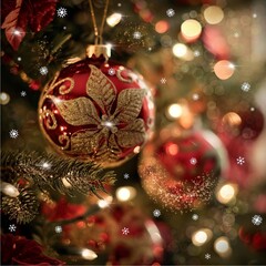 Christmas ball ornament with lights on the tree, holiday card