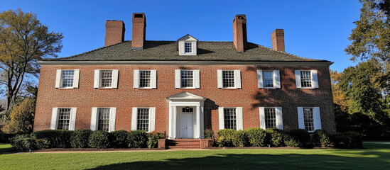 Classic brick colonial mansion with a large lawn and symmetrical windows, traditional architecture with a grand entrance – AI Generative