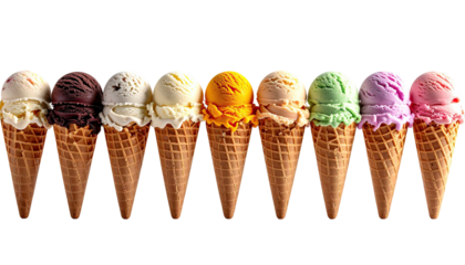 Row of colorful ice cream scoops in waffle cones on black
