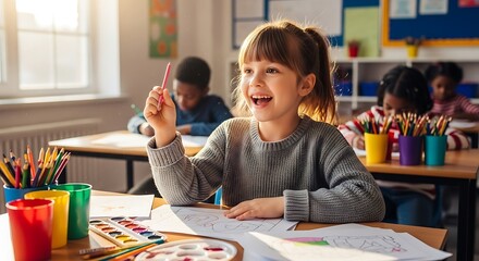 Enthusiastic female student enjoying an art project at a wooden desk with a full set of bright coloring tools