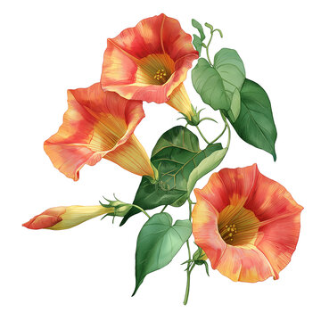Watercolor bignonia vine with trumpet flowers, isolated on a white background, clear edges, botanical clipart style.