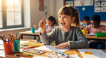 Enthusiastic female student enjoying an art project at a wooden desk with a full set of bright coloring tools