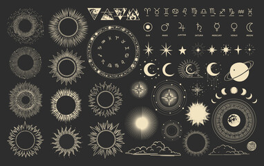 A collection of celestial symbols with the sun, moon, stars, zodiac wheel, and constellations on a dark background. Vintage vector illustration on astronomy and astrology. Concept of cosmic and