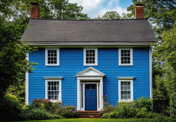 Beautiful blue colonial house with classic front porch and well-maintained garden, creating a welcoming atmosphere – AI Generative.