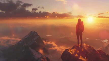 Obraz premium Woman hiker standing on mountain peak enjoying sunset view