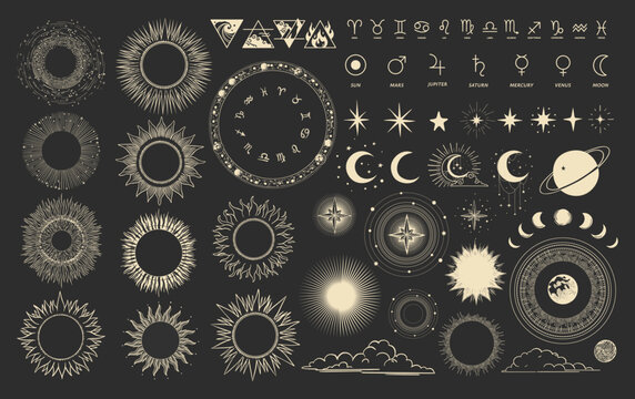 A collection of celestial symbols with the sun, moon, stars, zodiac wheel, and constellations on a dark background. Vintage vector illustration on astronomy and astrology. Concept of cosmic and