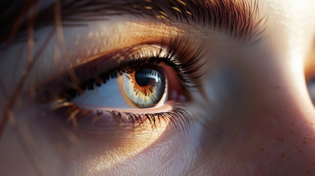 Close-up of a hazel eye with long dark lashes, illuminated by warm sunlight